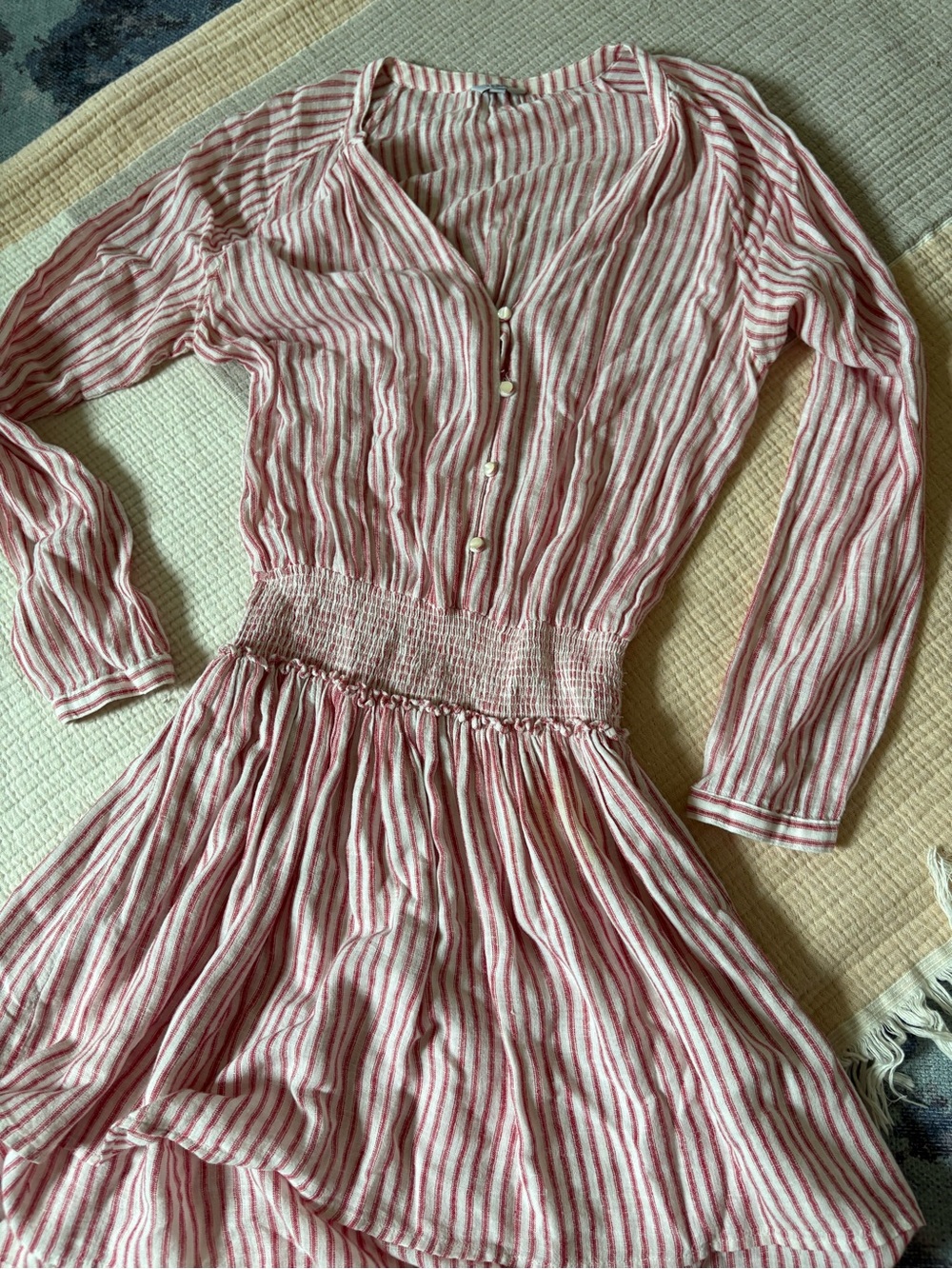 Rails Red and White Striped Smocked-Waist Long Sleeve Dress